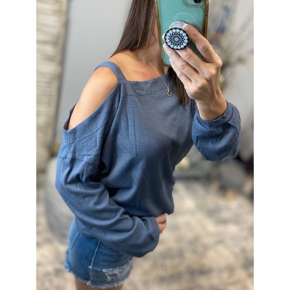 ❤️🔥One Cold Shoulder Cutout Waffle Asymmetrical Long Sleeve Top Blue 4320 - Picture 2 of 8